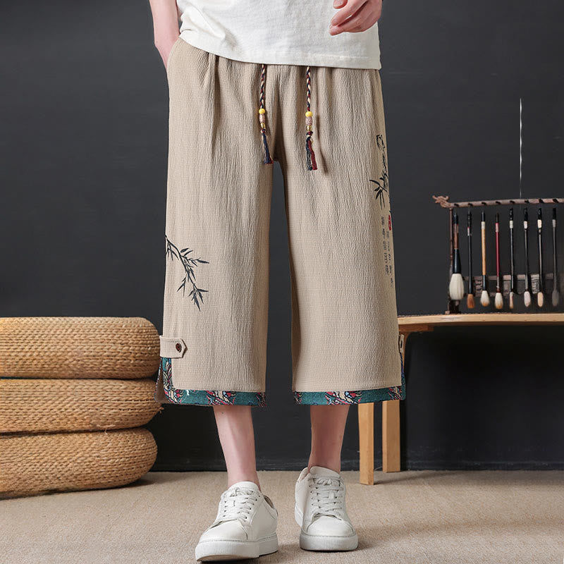 Buddha Stones 夏物唐草スタイルカジュアルドローストリング竹柄ハーフパンツメンズストレートレッグパンツポケット付き - image 10