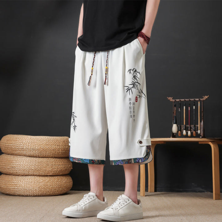 Buddha Stones 夏物唐草スタイルカジュアルドローストリング竹柄ハーフパンツメンズストレートレッグパンツポケット付き - 白 - US/UK/AU46, EU56 （4XL） - image 14