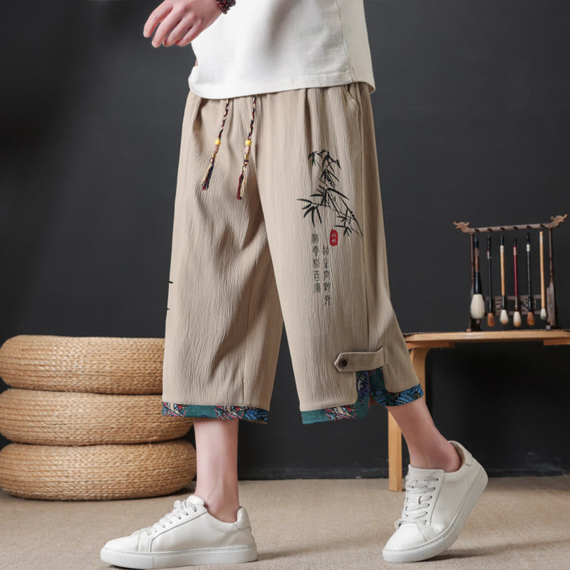 Buddha Stones 夏物唐草スタイルカジュアルドローストリング竹柄ハーフパンツメンズストレートレッグパンツポケット付き - タン - US/UK/AU46, EU56 （4XL） - image 9