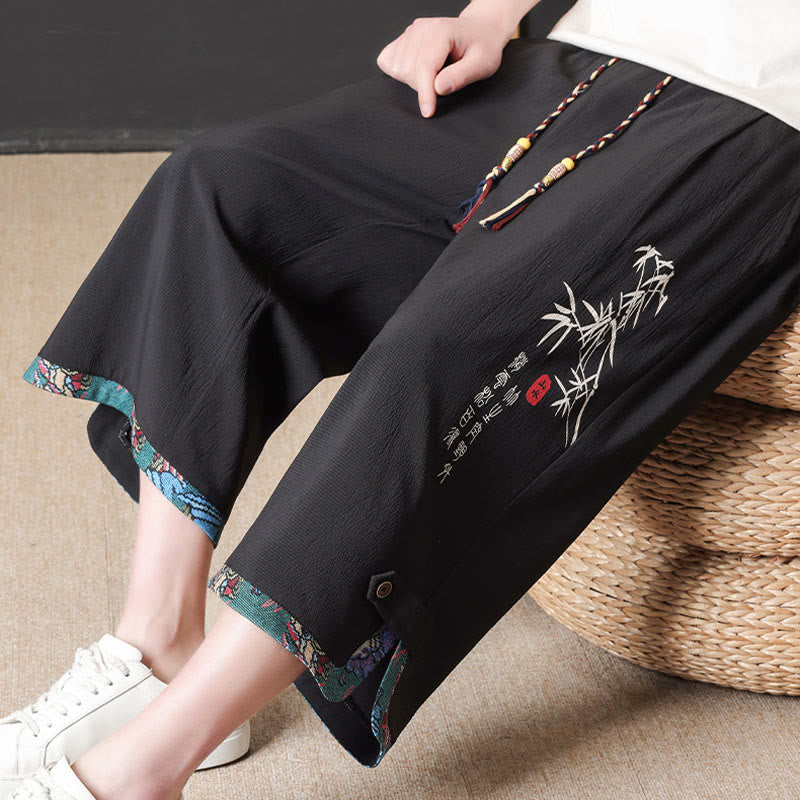 Buddha Stones 夏物唐草スタイルカジュアルドローストリング竹柄ハーフパンツメンズストレートレッグパンツポケット付き - image 4