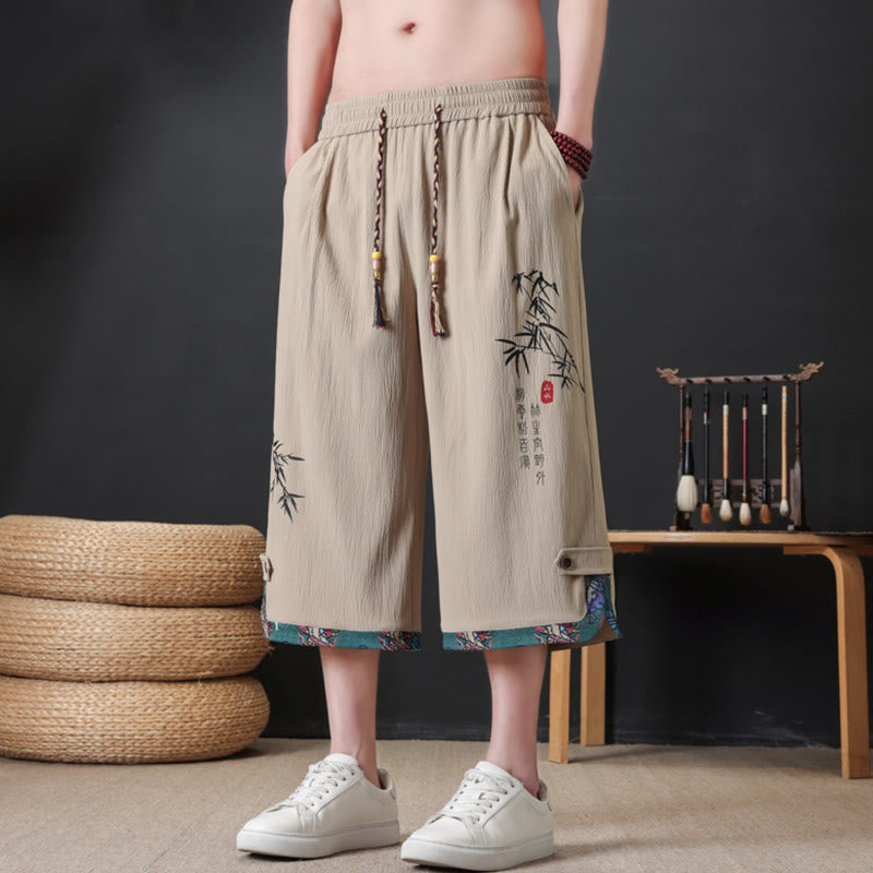 Buddha Stones 夏物唐草スタイルカジュアルドローストリング竹柄ハーフパンツメンズストレートレッグパンツポケット付き - image 12