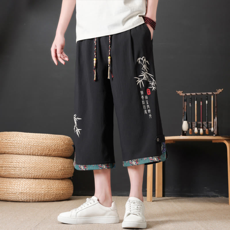 Buddha Stones 夏物唐草スタイルカジュアルドローストリング竹柄ハーフパンツメンズストレートレッグパンツポケット付き - image 1