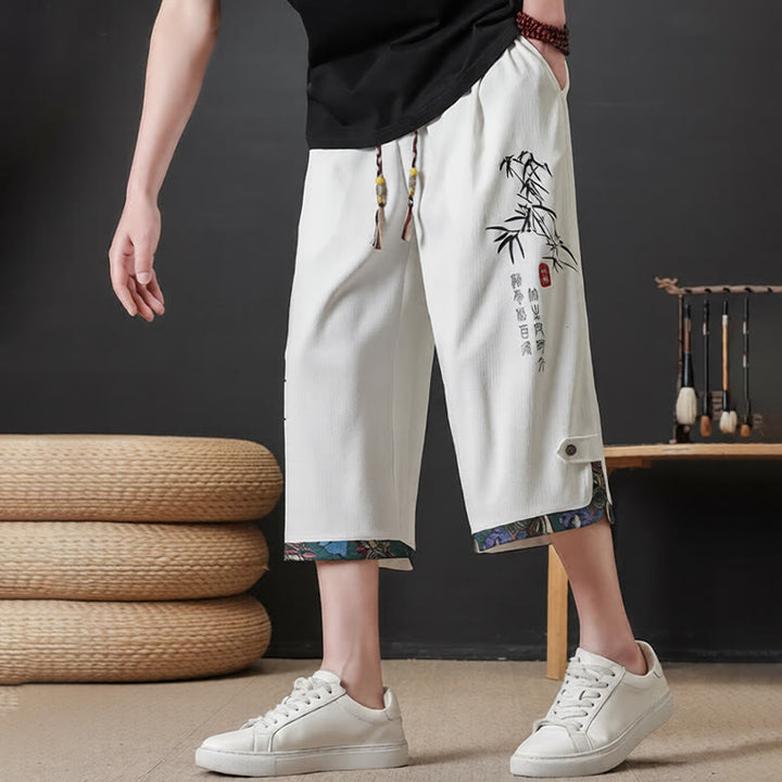 Buddha Stones 夏物唐草スタイルカジュアルドローストリング竹柄ハーフパンツメンズストレートレッグパンツポケット付き - image 18