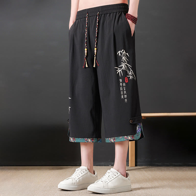 Buddha Stones 夏物唐草スタイルカジュアルドローストリング竹柄ハーフパンツメンズストレートレッグパンツポケット付き - image 2