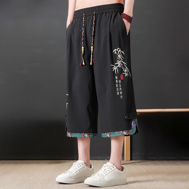 Buddha Stones 夏物唐草スタイルカジュアルドローストリング竹柄ハーフパンツメンズストレートレッグパンツポケット付き - image 2