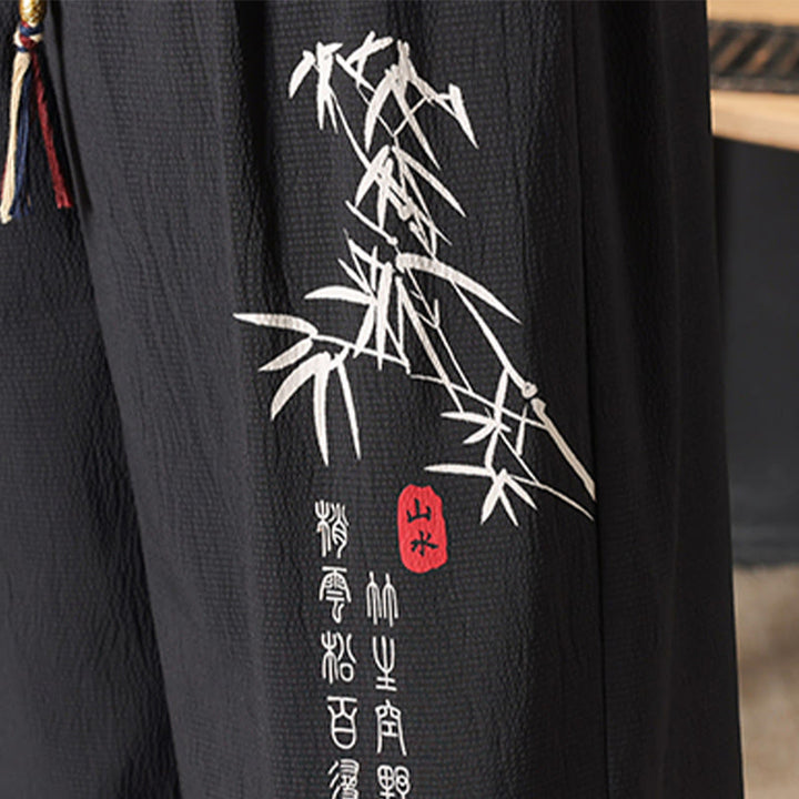 Buddha Stones 夏物唐草スタイルカジュアルドローストリング竹柄ハーフパンツメンズストレートレッグパンツポケット付き - image 7