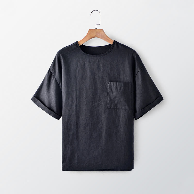 Buddha Stones 夏物カジュアルミニマリスト無地クルーネックメンズ半袖Tシャツ（パッチポケット付き） - 黒 - US/UK/AU44, EU54 （3XL） - image 0