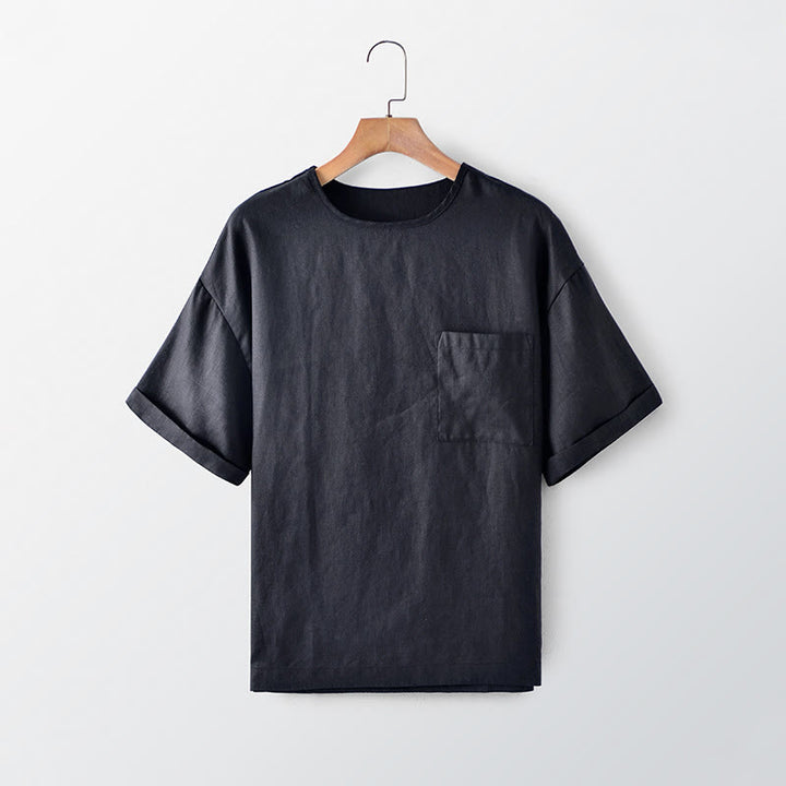 Buddha Stones 夏物カジュアルミニマリスト無地クルーネックメンズ半袖Tシャツ（パッチポケット付き） - 黒 - US/UK/AU44, EU54 （3XL） - image 0