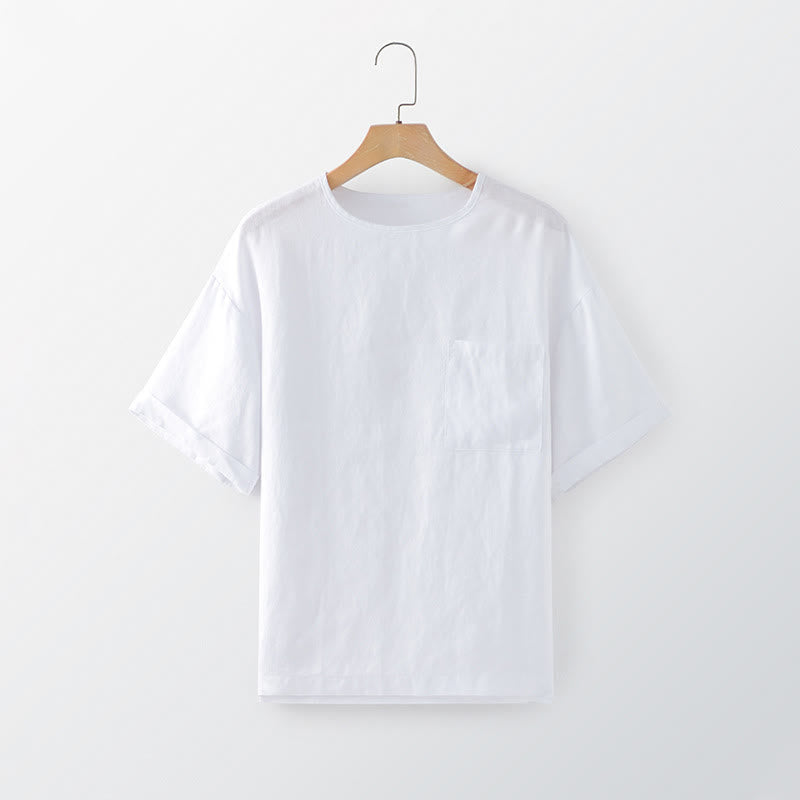 Buddha Stones 夏物カジュアルミニマリスト無地クルーネックメンズ半袖Tシャツ（パッチポケット付き） - 白 - US/UK/AU44, EU54 （3XL） - image 3