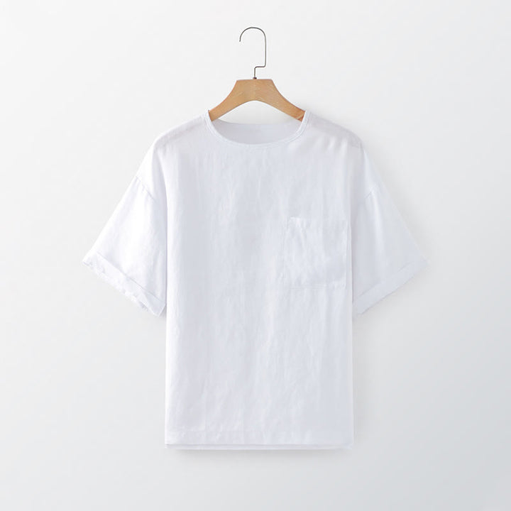 Buddha Stones 夏物カジュアルミニマリスト無地クルーネックメンズ半袖Tシャツ（パッチポケット付き） - 白 - US/UK/AU44, EU54 （3XL） - image 3