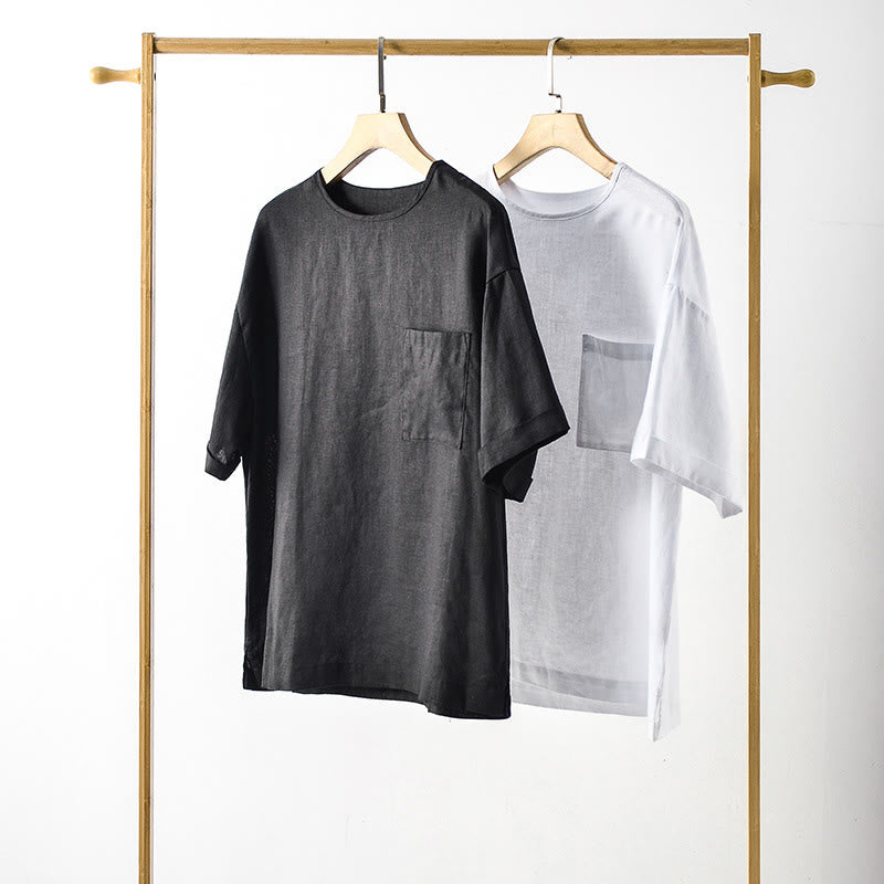 Buddha Stones 夏物カジュアルミニマリスト無地クルーネックメンズ半袖Tシャツ（パッチポケット付き） - image 1