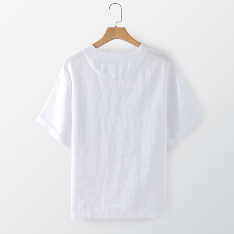 Buddha Stones 夏物カジュアルミニマリスト無地クルーネックメンズ半袖Tシャツ（パッチポケット付き） - image 4