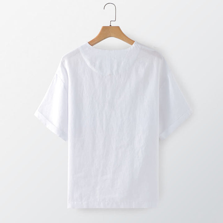 Buddha Stones 夏物カジュアルミニマリスト無地クルーネックメンズ半袖Tシャツ（パッチポケット付き） - image 4