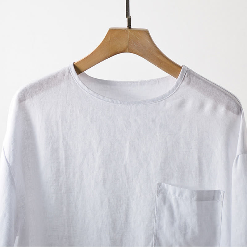 Buddha Stones 夏物カジュアルミニマリスト無地クルーネックメンズ半袖Tシャツ（パッチポケット付き） - image 7