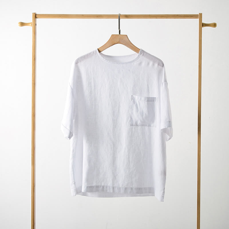 Buddha Stones 夏物カジュアルミニマリスト無地クルーネックメンズ半袖Tシャツ（パッチポケット付き） - image 5