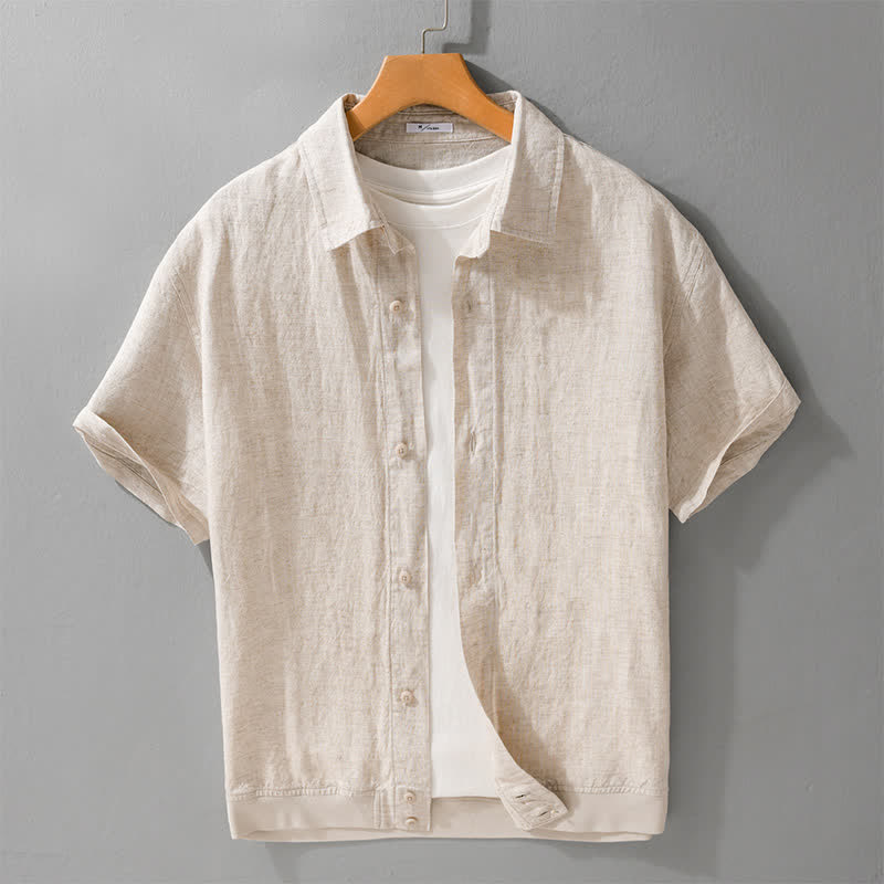 Buddha Stones 夏物カジュアルミニマリストボタンアップスタンドカラー無地メンズ半袖シャツ - リネン - US/UK/AU42、 EU52 (3XL) - image 10