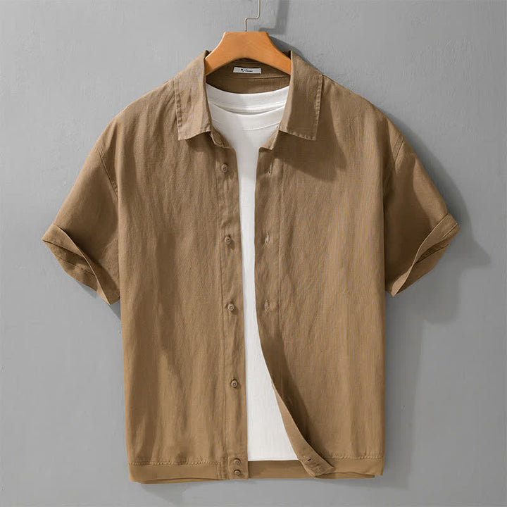 Buddha Stones 夏物カジュアルミニマリストボタンアップスタンドカラー無地メンズ半袖シャツ - タン - US/UK/AU42、 EU52 (3XL) - image 0