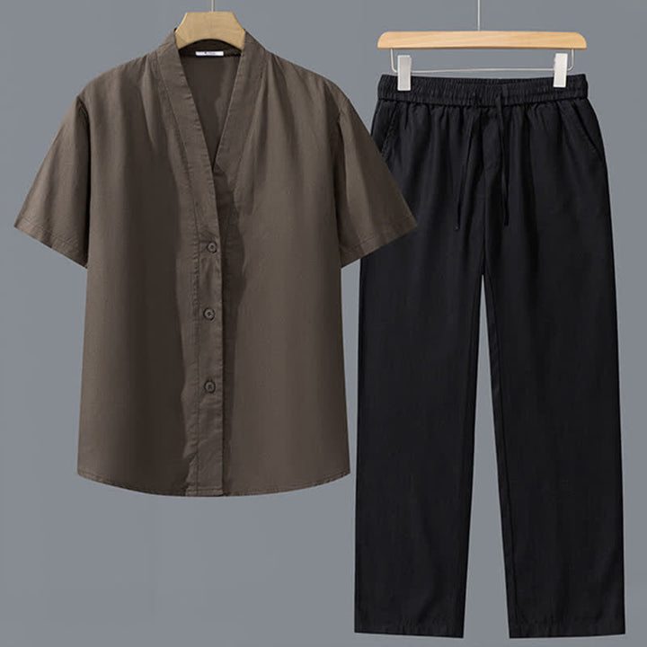 Buddha Stones 2点セット 春夏カジュアル ミニマリスト ボタンアップシャツ ドローストリングパンツ 無地 メンズ瞑想服 ポケット付き - 茶色のシャツ＋黒のパンツ - US/UK/AU42、 EU52 (3XL) - image 3