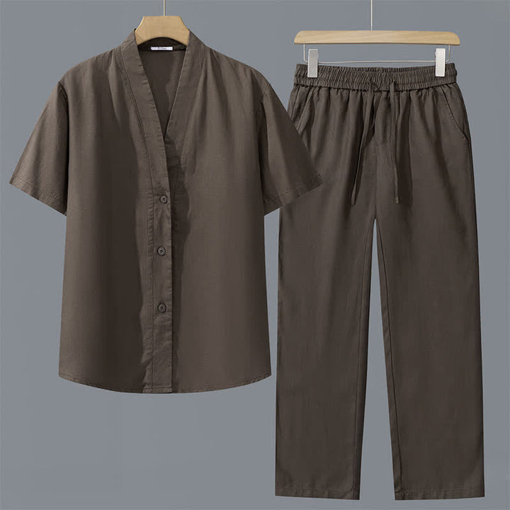 Buddha Stones 2点セット 春夏カジュアル ミニマリスト ボタンアップシャツ ドローストリングパンツ 無地 メンズ瞑想服 ポケット付き - 茶色のシャツ＋茶色のズボン - US/UK/AU42、 EU52 (3XL) - image 1