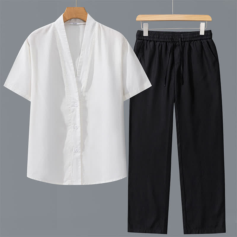 Buddha Stones 2点セット 春夏カジュアル ミニマリスト ボタンアップシャツ ドローストリングパンツ 無地 メンズ瞑想服 ポケット付き - 白いシャツ＋黒いパンツ - US/UK/AU42、 EU52 (3XL) - image 11