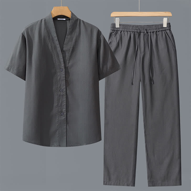 Buddha Stones 2点セット 春夏カジュアル ミニマリスト ボタンアップシャツ ドローストリングパンツ 無地 メンズ瞑想服 ポケット付き - ダークグレーのシャツ＋ダークグレーのパンツ - US/UK/AU42、 EU52 (3XL) - image 0