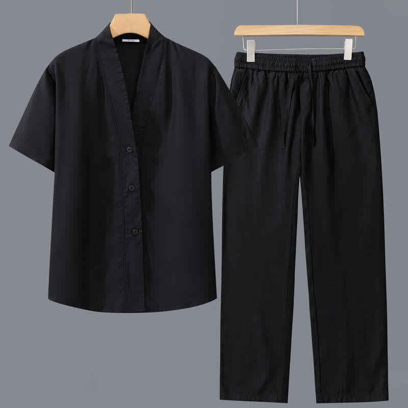 Buddha Stones 2点セット 春夏カジュアル ミニマリスト ボタンアップシャツ ドローストリングパンツ 無地 メンズ瞑想服 ポケット付き - 黒シャツ＋黒パンツ - US/UK/AU42、 EU52 (3XL) - image 2