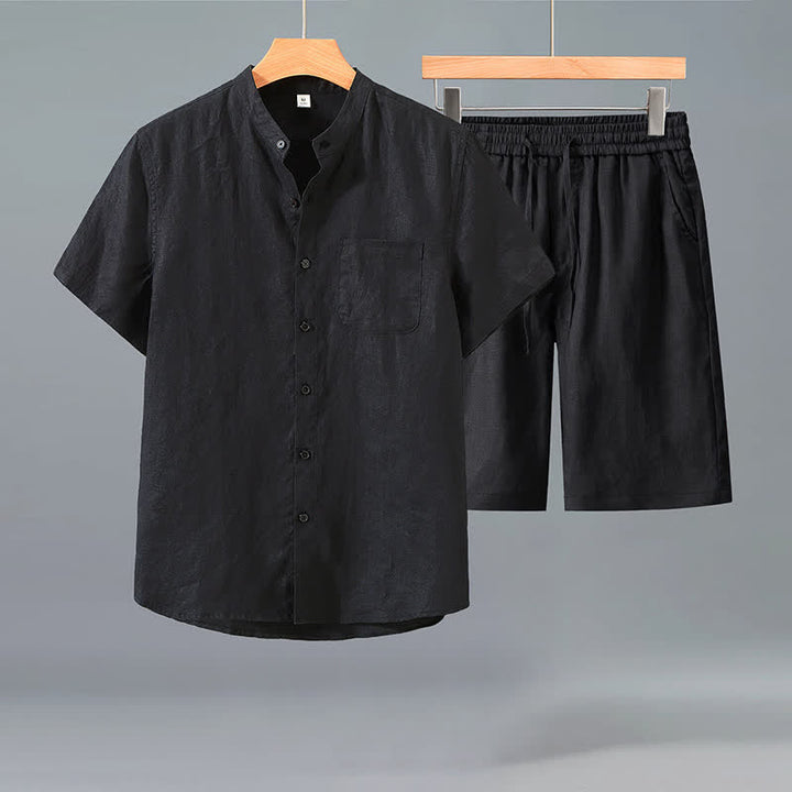 Buddha Stones 夏用カジュアルタンスタイルボタンアップ半袖シャツショーツ無地リネンメンズ瞑想服ポケット付き2点セット - 黒シャツ＋黒パンツ - US/UK/AU42、 EU52 (3XL) - image 4