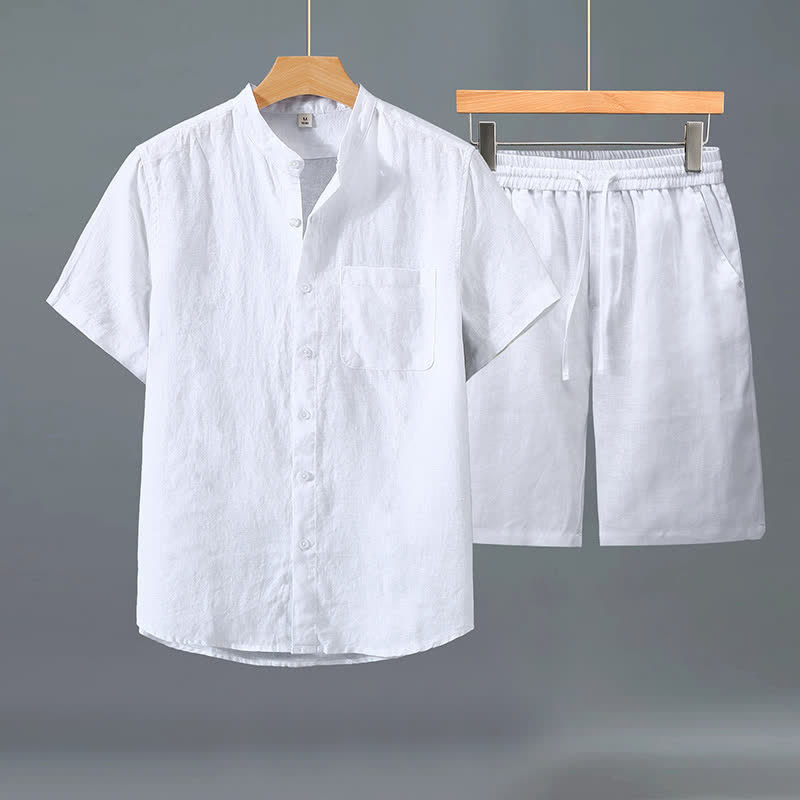 Buddha Stones 夏用カジュアルタンスタイルボタンアップ半袖シャツショーツ無地リネンメンズ瞑想服ポケット付き2点セット - 白いシャツ＋白いパンツ - US/UK/AU42、 EU52 (3XL) - image 7