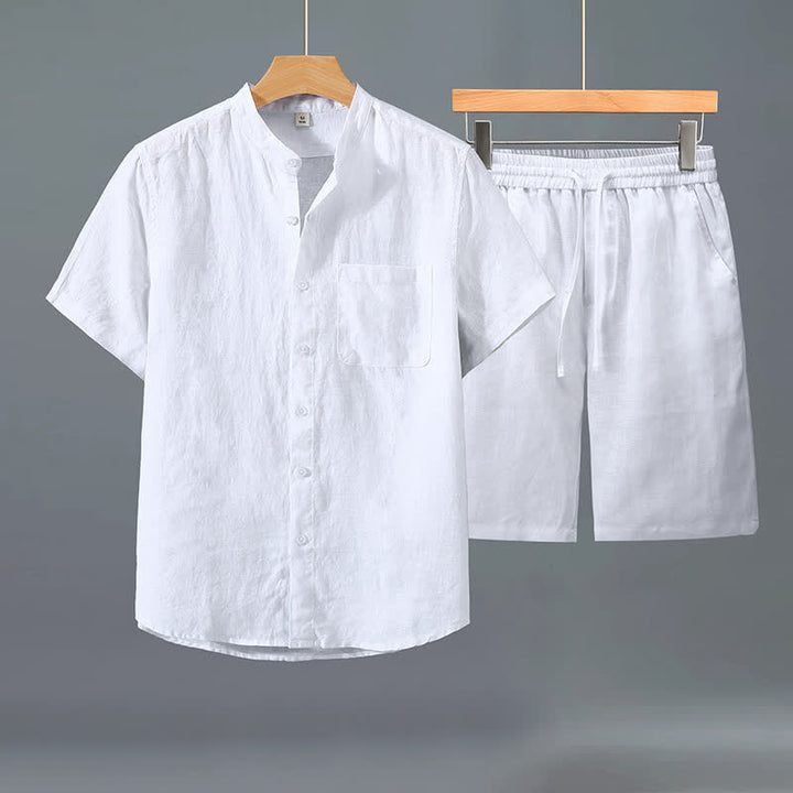 Buddha Stones 夏用カジュアルタンスタイルボタンアップ半袖シャツショーツ無地リネンメンズ瞑想服ポケット付き2点セット - 白いシャツ＋白いパンツ - US/UK/AU42、 EU52 (3XL) - image 7