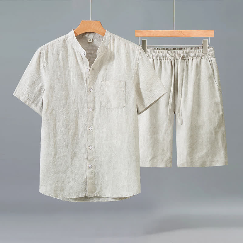 Buddha Stones 夏用カジュアルタンスタイルボタンアップ半袖シャツショーツ無地リネンメンズ瞑想服ポケット付き2点セット - ベージュのシャツ＋ベージュのパンツ - US/UK/AU42、 EU52 (3XL) - image 0