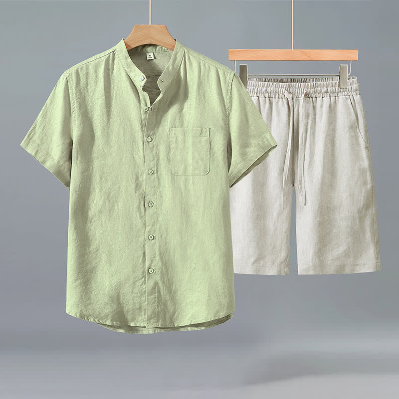 Buddha Stones 夏用カジュアルタンスタイルボタンアップ半袖シャツショーツ無地リネンメンズ瞑想服ポケット付き2点セット - 緑のシャツ＋ベージュのパンツ - US/UK/AU42、 EU52 (3XL) - image 6
