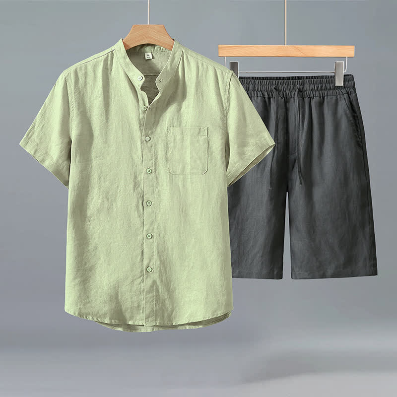 Buddha Stones 夏用カジュアルタンスタイルボタンアップ半袖シャツショーツ無地リネンメンズ瞑想服ポケット付き2点セット - 緑のシャツ＋グレーのパンツ - US/UK/AU42、 EU52 (3XL) - image 5