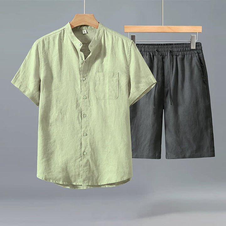 Buddha Stones 夏用カジュアルタンスタイルボタンアップ半袖シャツショーツ無地リネンメンズ瞑想服ポケット付き2点セット - 緑のシャツ＋グレーのパンツ - US/UK/AU42、 EU52 (3XL) - image 5
