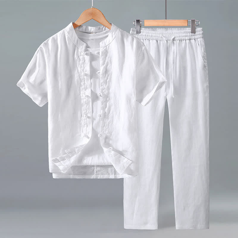 Buddha Stones 夏用唐風瞑想カエルボタン半袖シャツパンツ無地リネンメンズ瞑想服2点セット - 白 - US/UK/AU42、 EU52 (3XL) - image 8