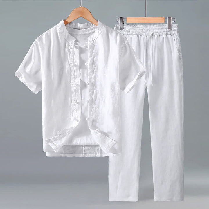 Buddha Stones 夏用唐風瞑想カエルボタン半袖シャツパンツ無地リネンメンズ瞑想服2点セット - 白 - US/UK/AU42、 EU52 (3XL) - image 8