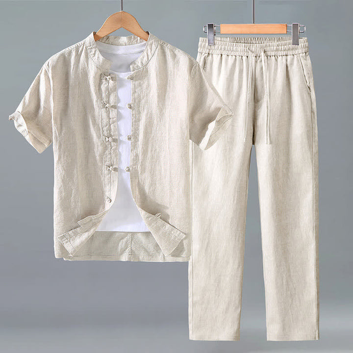 Buddha Stones 夏用唐風瞑想カエルボタン半袖シャツパンツ無地リネンメンズ瞑想服2点セット - リネン - US/UK/AU42、 EU52 (3XL) - image 0
