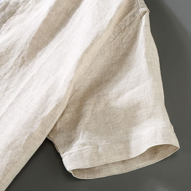 Buddha Stones 夏用唐風瞑想カエルボタン半袖シャツパンツ無地リネンメンズ瞑想服2点セット - image 3
