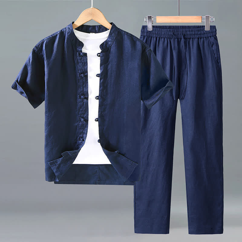 Buddha Stones 夏用唐風瞑想カエルボタン半袖シャツパンツ無地リネンメンズ瞑想服2点セット - ミッドナイトブルー - US/UK/AU42、 EU52 (3XL) - image 7