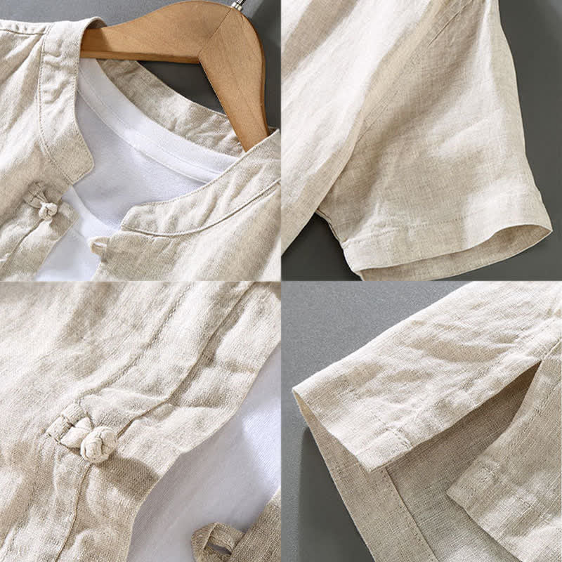 Buddha Stones 夏用唐風瞑想カエルボタン半袖シャツパンツ無地リネンメンズ瞑想服2点セット - image 5