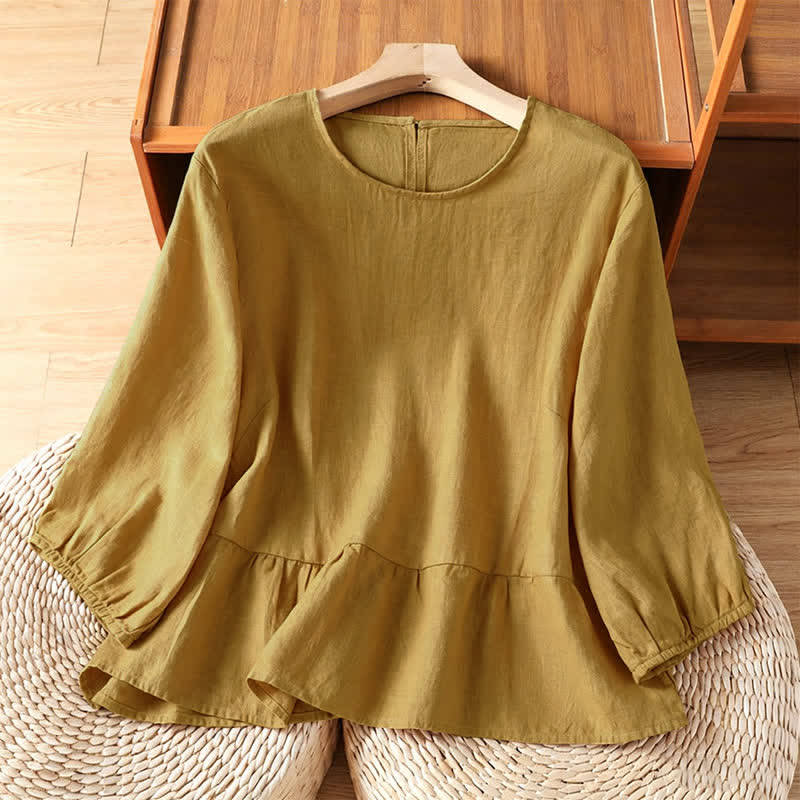 Buddha Stones 夏物カジュアルミニマリスト無地フレア裾レディース半袖Tシャツ - ダークカーキ - US12, UK/AU16, EU44 （2XL） - image 0