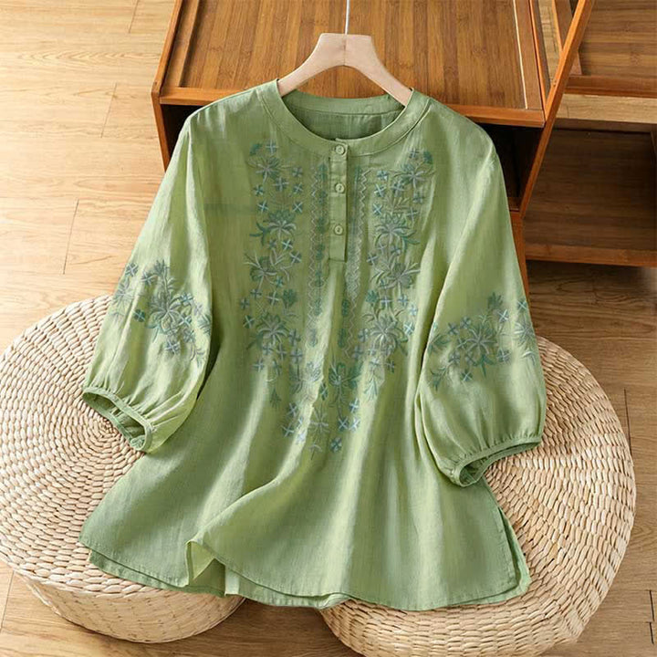 Buddha Stones 夏物カジュアルヴィンテージ刺繍花柄レディース半袖シャツ - 淡い緑色 - US8-10, UK/AU12-14, EU40-42 （2XL） - image 0