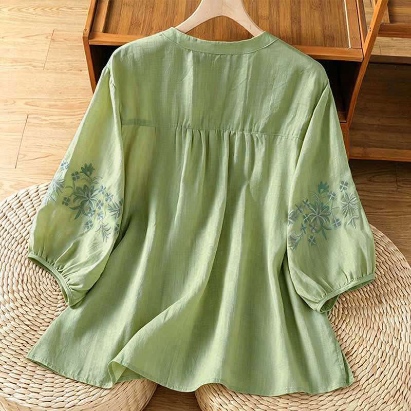 Buddha Stones 夏物カジュアルヴィンテージ刺繍花柄レディース半袖シャツ - image 1