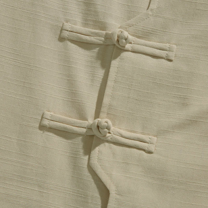 Buddha Stones 夏物 唐風 マンダリンカラー カエルボタン 葉っぱ刺繍 メンズ半袖シャツ - image 9