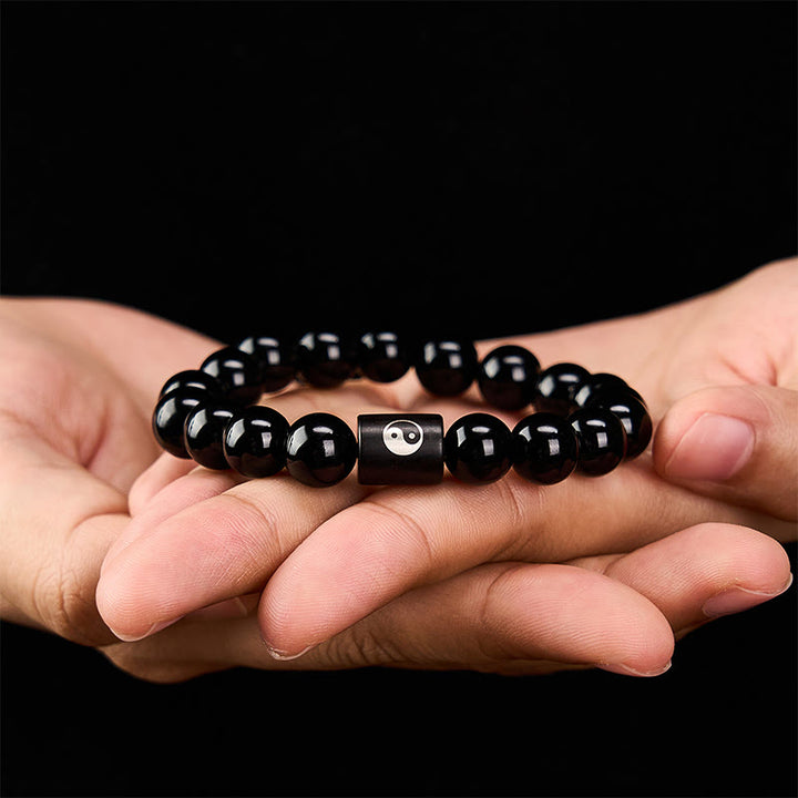 Buddha Stones 黒檀の陰陽バランス象嵌バレルビーズブレスレット - image 10