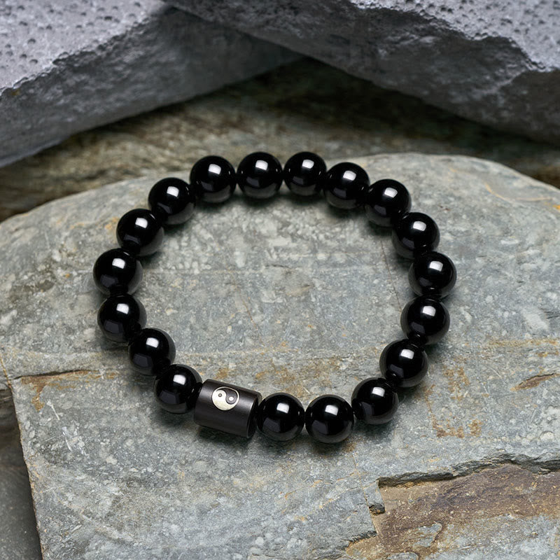 Buddha Stones 黒檀の陰陽バランス象嵌バレルビーズブレスレット - image 3