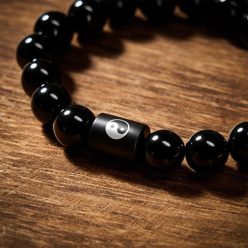 Buddha Stones 黒檀の陰陽バランス象嵌バレルビーズブレスレット - image 12