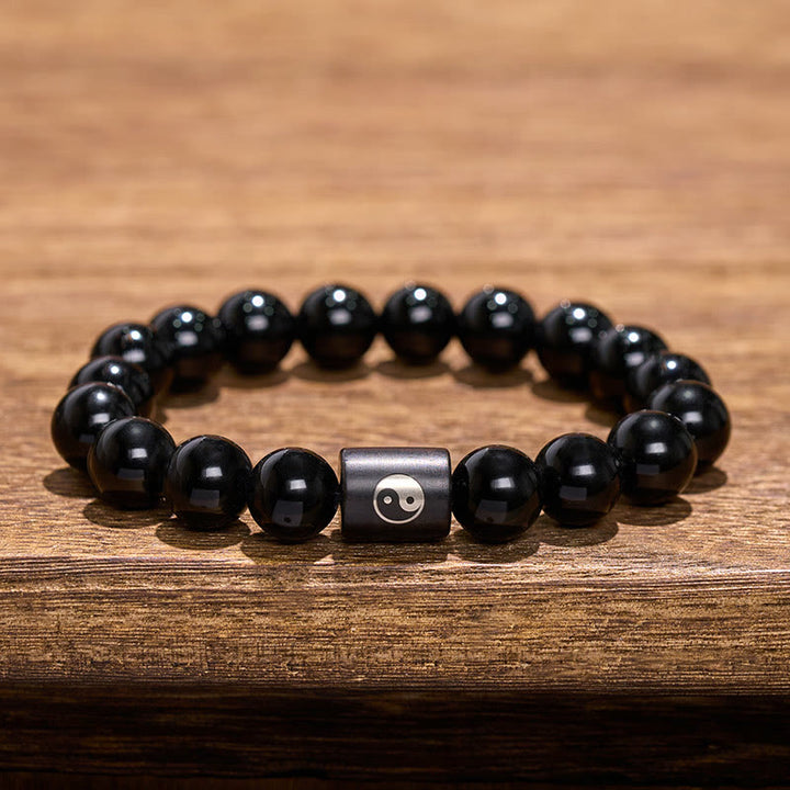Buddha Stones 黒檀の陰陽バランス象嵌バレルビーズブレスレット - image 9
