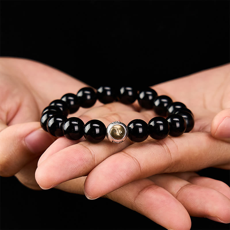 Buddha Stones 黒曜石の陰陽バランス ヴィンテージ ラウンドビーズブレスレット - image 4