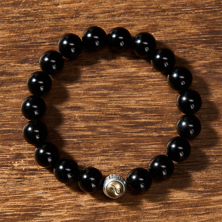 Buddha Stones 黒曜石の陰陽バランス ヴィンテージ ラウンドビーズブレスレット - image 1