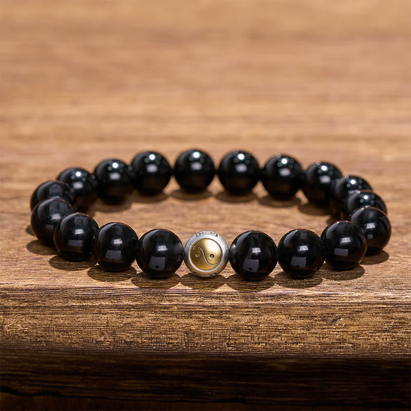 Buddha Stones 黒曜石の陰陽バランス ヴィンテージ ラウンドビーズブレスレット - 陰陽（バランス♥ハーモニー） - image 0